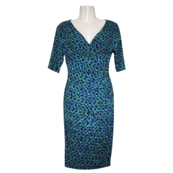 Lauren Ralph Lauren Blue and Green Geometric Circles Midi Dress - Picture 1 of 4